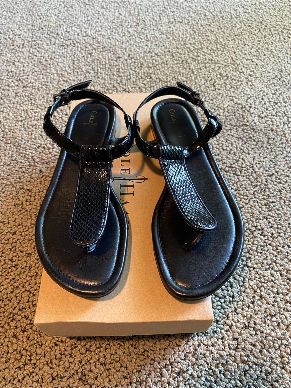Cole Haan Black Patent T-Strap Sandals with Textured Detail